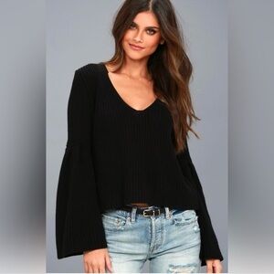 Free People Damsel V-Neck Bell Sleeve Knit Sweater-Black-Women Size Small